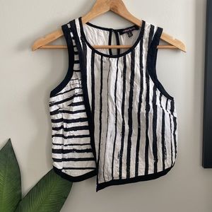 Unique Black and White Striped Asymmetrical Linen Blend Cropped Top